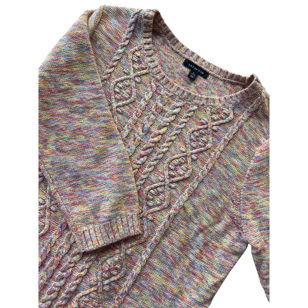 Lands End Womens Multicolor Cable Knit Sweater Sz L 14 16 Crew‎ Neck 3/4 Sleeve
